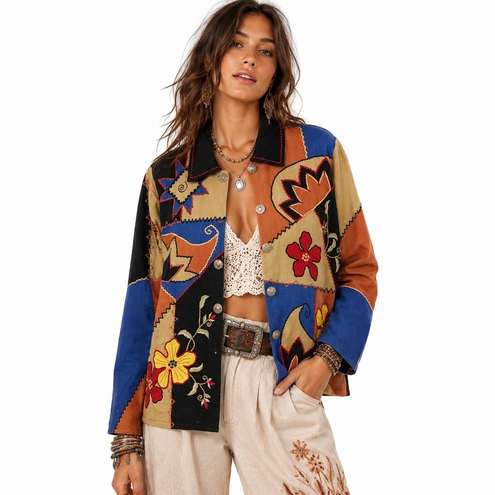 VTG Alex Kim Wearable Art‎ Jacket Womens M Floral Patchwork Embroidered Boho